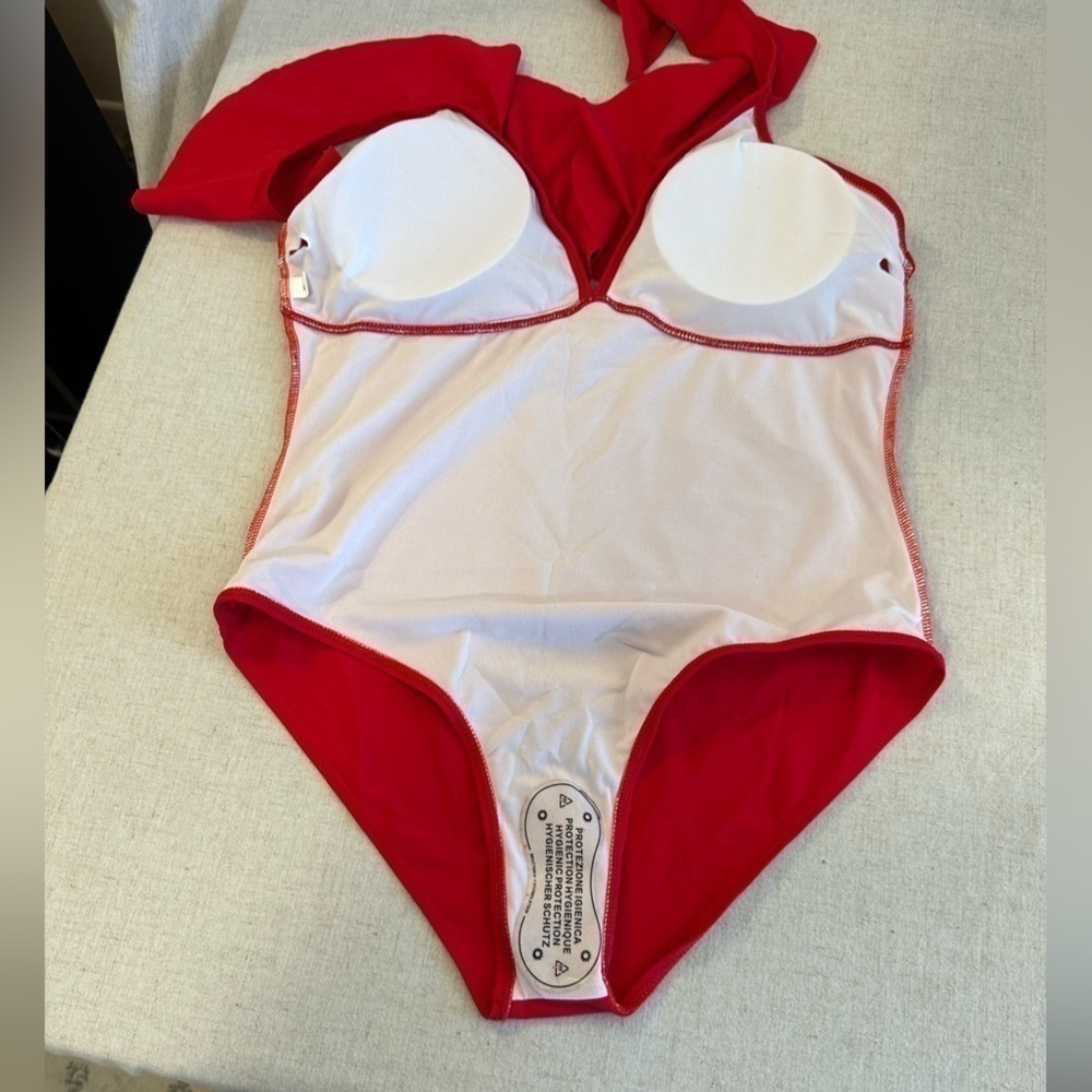Red One Piece Swimsuit Ruffled Deep V - Picture 7 of 8